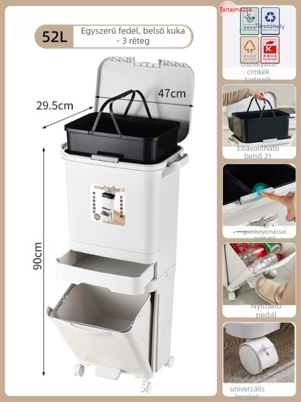 Konyhai szemetes fedéllel, nyomó típusú nyitás, PP anyagú, kapacitás >12 L, hengeres alakú, háztartási használatra