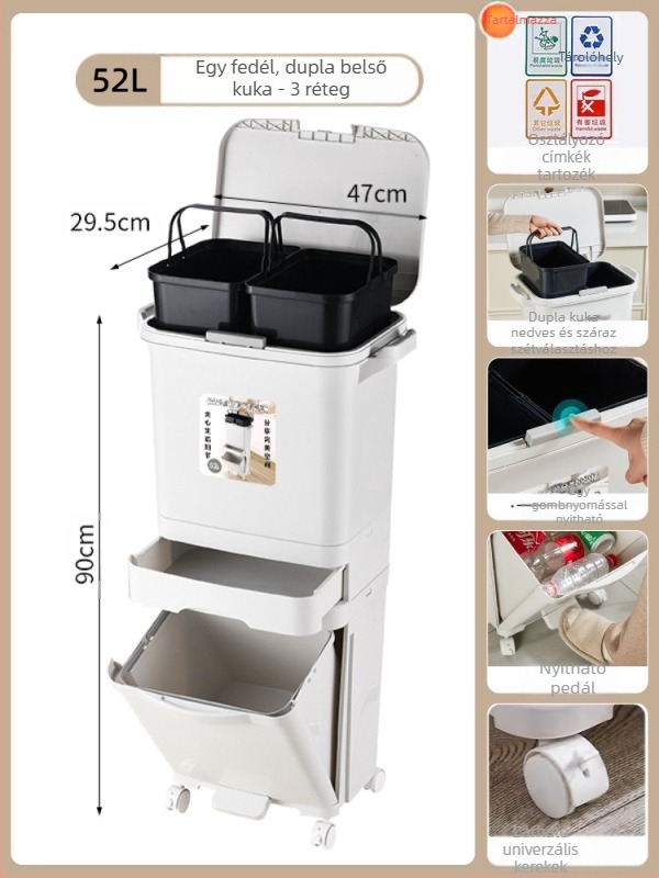 Konyhai szemetes fedéllel, nyomó típusú nyitás, PP anyagú, kapacitás >12 L, hengeres alakú, háztartási használatra