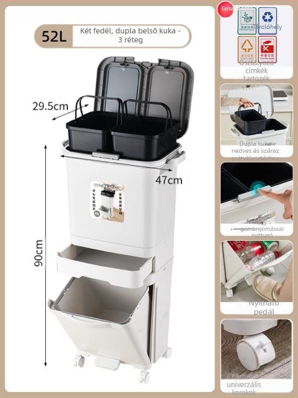 Konyhai szemetes fedéllel, nyomó típusú nyitás, PP anyagú, kapacitás >12 L, hengeres alakú, háztartási használatra