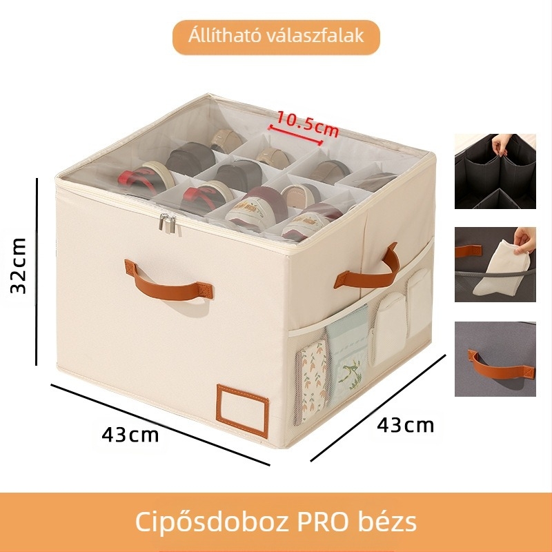 Fedeles cipősdoboz Oxford anyagból + PP lemez, összecsukható, osztókkal, 18L kapacitás