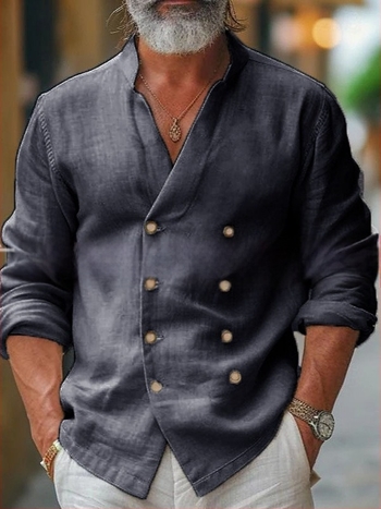 Férfi pamutkeverék ing, álló gallérral, hosszú ujjak, egyszínű, laza szabású, tavasz–őszre
