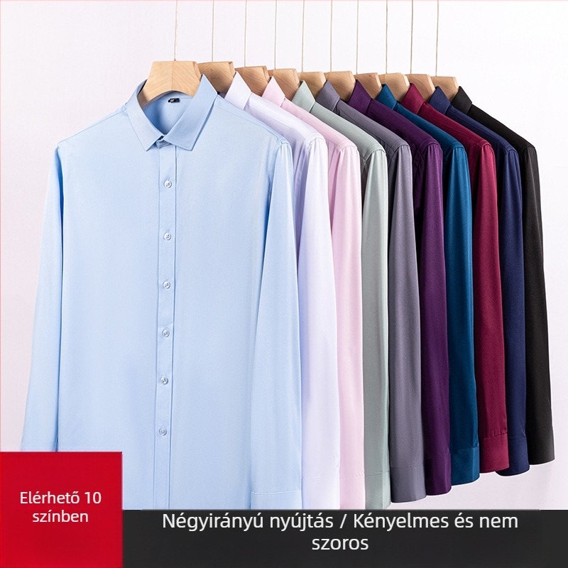 Férfi Slim-Fit vasalásmentes hosszú ujjú ing, négyzetes gallérral; poliészter-elasztán keverék (95% poliészter, 5% elasztán)