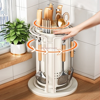 Konyhai forgó késállvány és eszköz szervező — beépítés nélküli, munkalapra illeszkedő, szénacél, többfunkciós, mozgatható, modern minimalistikus kialakítás