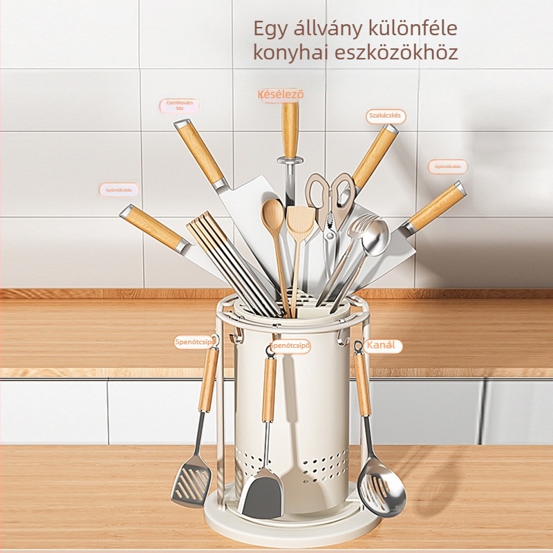 Konyhai forgó késállvány és eszköz szervező — beépítés nélküli, munkalapra illeszkedő, szénacél, többfunkciós, mozgatható, modern minimalistikus kialakítás