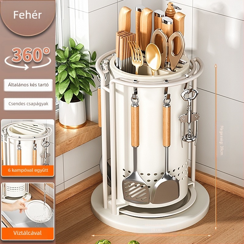 Konyhai forgó késállvány és eszköz szervező — beépítés nélküli, munkalapra illeszkedő, szénacél, többfunkciós, mozgatható, modern minimalistikus kialakítás