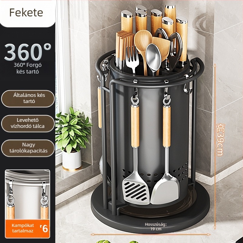 Konyhai forgó késállvány és eszköz szervező — beépítés nélküli, munkalapra illeszkedő, szénacél, többfunkciós, mozgatható, modern minimalistikus kialakítás