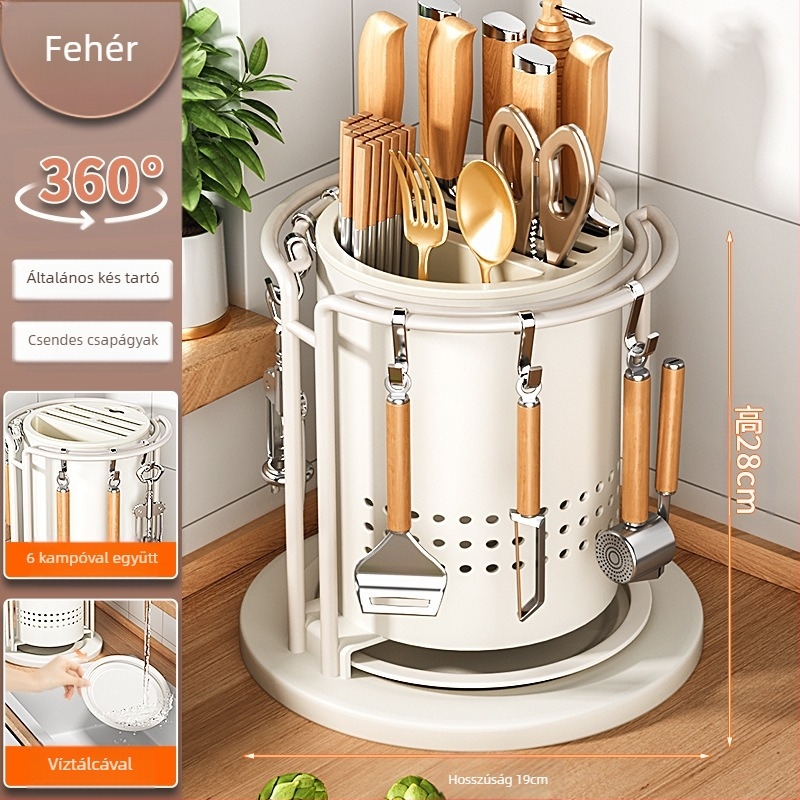 Konyhai forgó késállvány és eszköz szervező — beépítés nélküli, munkalapra illeszkedő, szénacél, többfunkciós, mozgatható, modern minimalistikus kialakítás