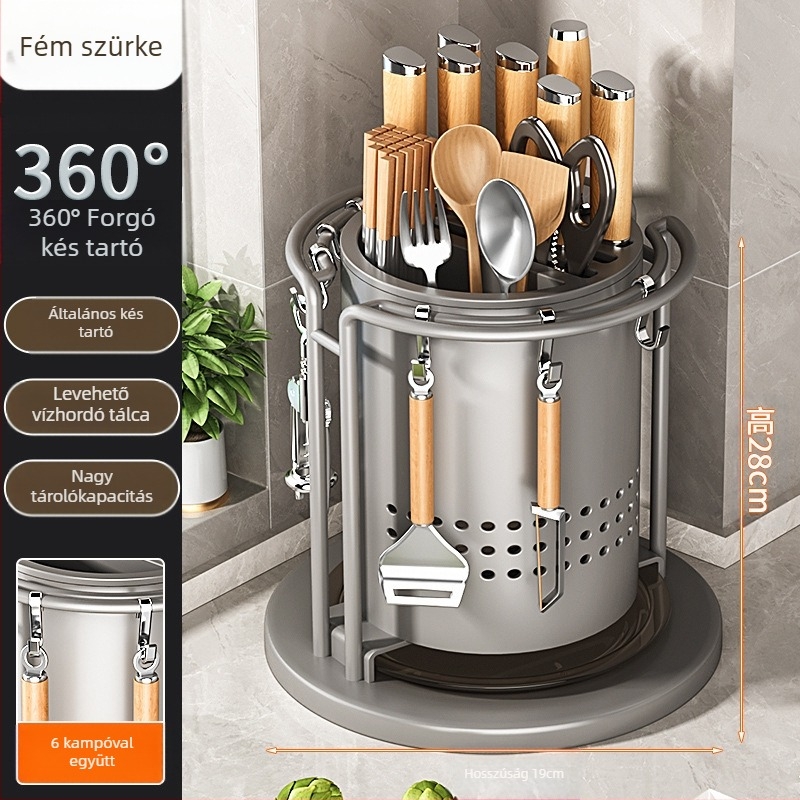 Konyhai forgó késállvány és eszköz szervező — beépítés nélküli, munkalapra illeszkedő, szénacél, többfunkciós, mozgatható, modern minimalistikus kialakítás