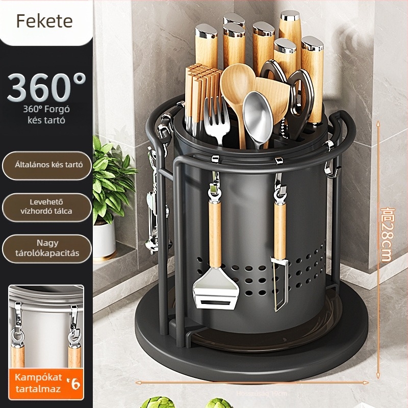 Konyhai forgó késállvány és eszköz szervező — beépítés nélküli, munkalapra illeszkedő, szénacél, többfunkciós, mozgatható, modern minimalistikus kialakítás