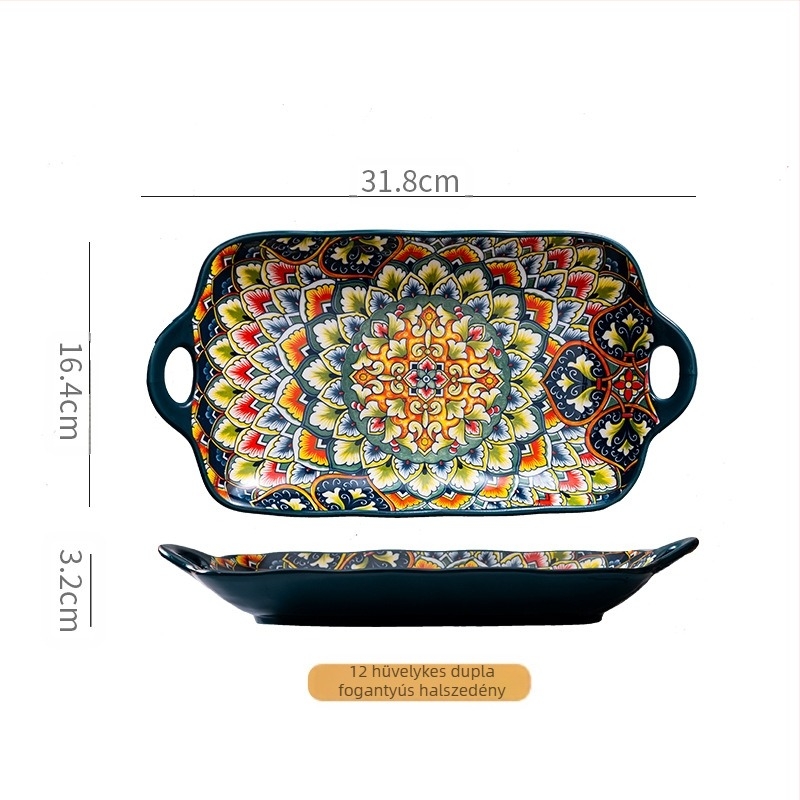 Porcelánból készült bohémi stílusú halszervírtál; mikrohullámú sütőben használható; aláglazúros szín; változatos minták; logó nyomtatása lehetséges