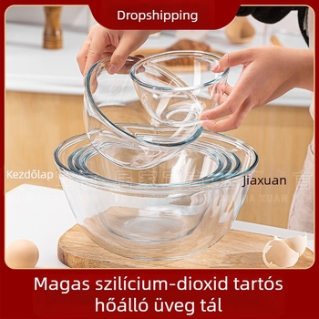 Magas hőmérséklet-álló boroszilikát üvegből készült tál, kerek forma, mikrohullámú sütőbe tehető, hőálló, modern minimalist stílus