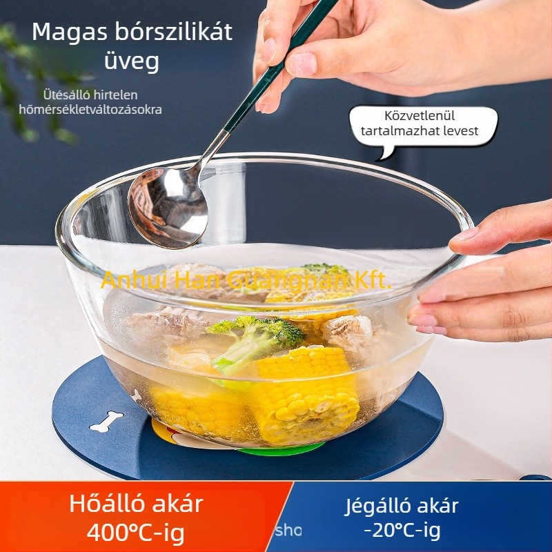 Magas hőmérséklet-álló boroszilikát üvegből készült tál, kerek forma, mikrohullámú sütőbe tehető, hőálló, modern minimalist stílus