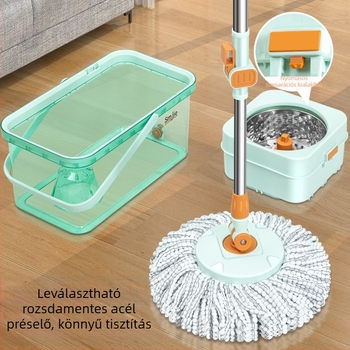 Qianhua forgó mop Kosárral – pamut fonalból készült mop, rozsdamentes acél rúd, egytengelyes hajtás, nedves és száraz használat, mop vödör készlet