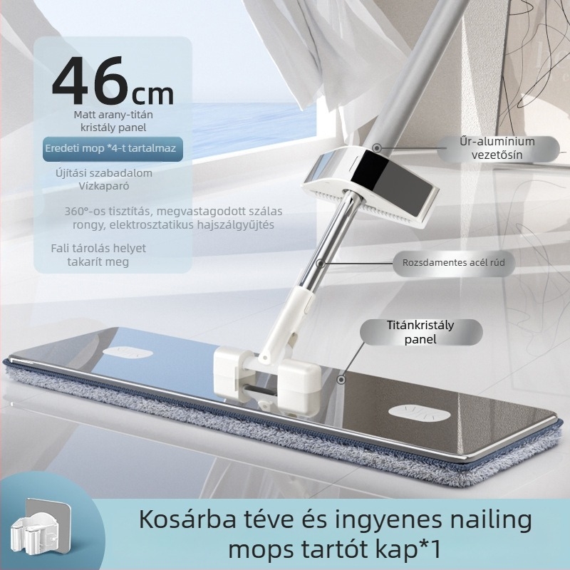 Lapos felmosó mikroszálas fejjel, rozsdamentes acél nyéllel, 90–100% kinyomás, súly alatt 3 kg, kézi mosás nélküli kialakítás