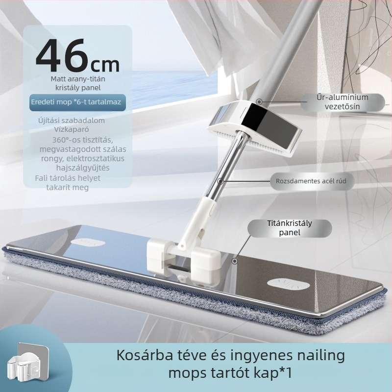 Lapos felmosó mikroszálas fejjel, rozsdamentes acél nyéllel, 90–100% kinyomás, súly alatt 3 kg, kézi mosás nélküli kialakítás