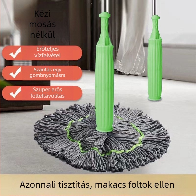 Forgó mop automata (Pamut fonalú mop, Mikroszálas kendő, Rozsdamentes acél fogantyú, 70–80% dehidratáció, Teherbírás >10 kg)