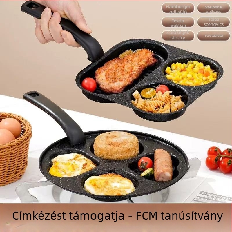 Tojásrántó serpenyő tapadásmentes felülettel, vékony vasból, többrácsos kialakítás, mélység 2 cm, súly 350 g