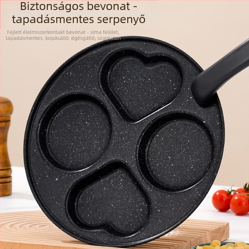 Tojásrántó serpenyő tapadásmentes felülettel, vékony vasból, többrácsos kialakítás, mélység 2 cm, súly 350 g