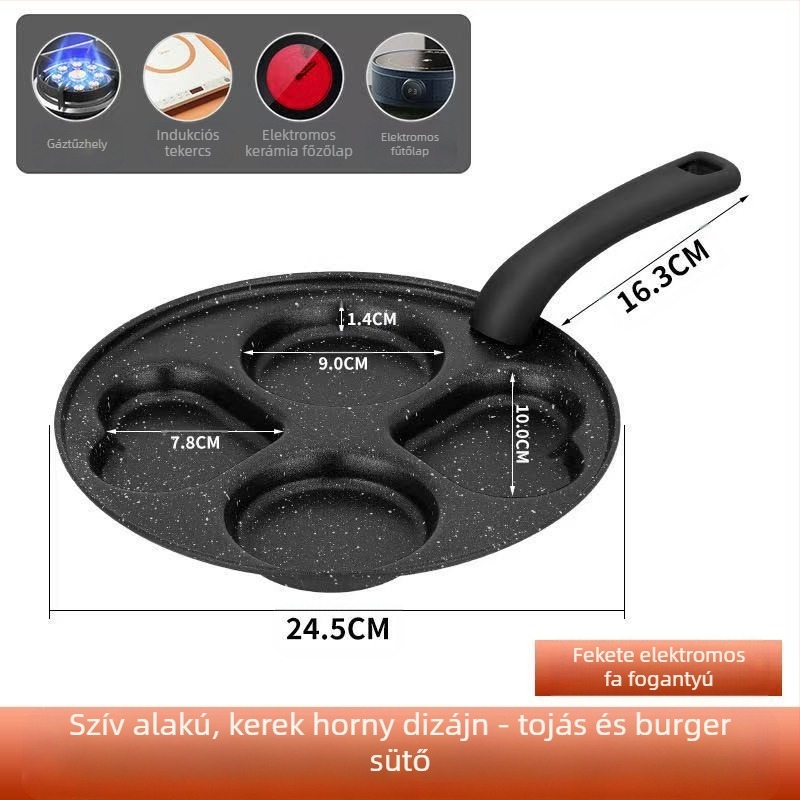 Tojásrántó serpenyő tapadásmentes felülettel, vékony vasból, többrácsos kialakítás, mélység 2 cm, súly 350 g
