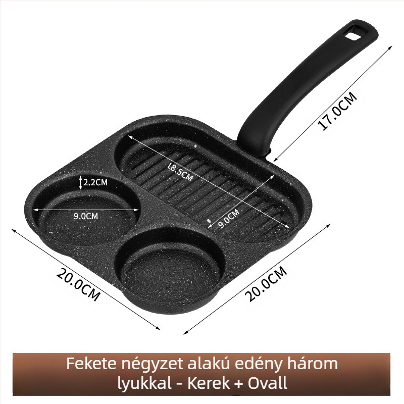Tojásrántó serpenyő tapadásmentes felülettel, vékony vasból, többrácsos kialakítás, mélység 2 cm, súly 350 g