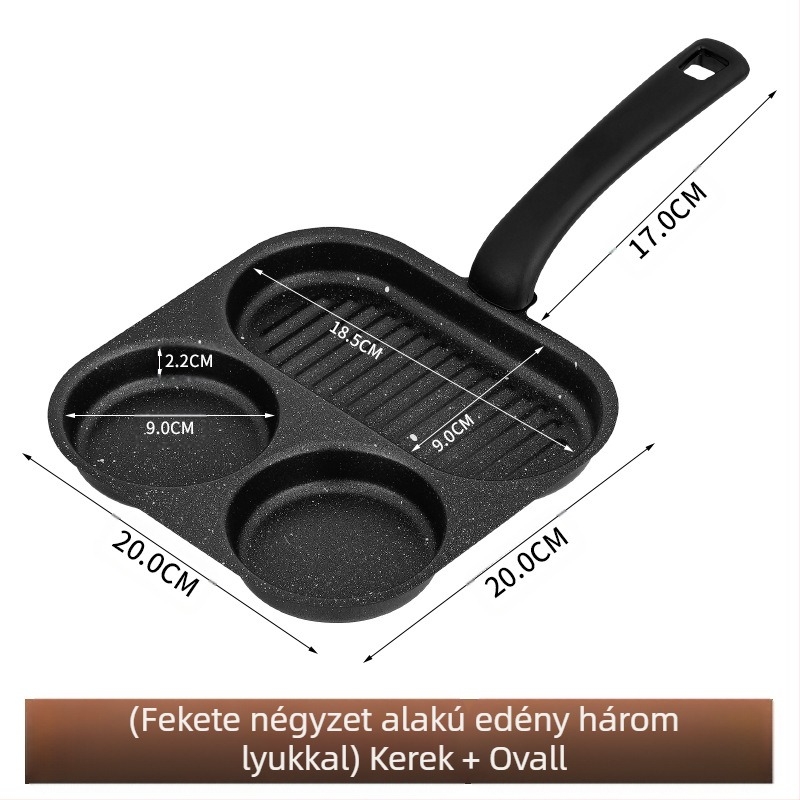Tojásrántó serpenyő tapadásmentes felülettel, vékony vasból, többrácsos kialakítás, mélység 2 cm, súly 350 g