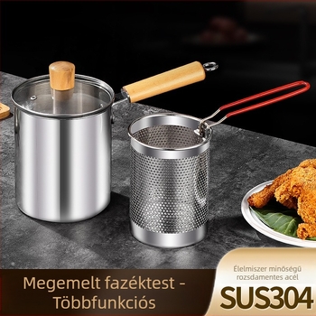 Rozsdamentes acélból készült fritőz szűrővel és fa markolattal, mély fazék üvegfedéllel, 2,8–3 L kapacitás, többfunkciós a tészta és a tej felfőzéséhez, nyárson való sütéshez