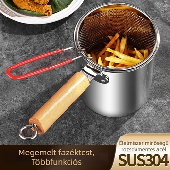 Rozsdamentes acélból készült fritőz szűrővel és fa markolattal, mély fazék üvegfedéllel, 2,8–3 L kapacitás, többfunkciós a tészta és a tej felfőzéséhez, nyárson való sütéshez