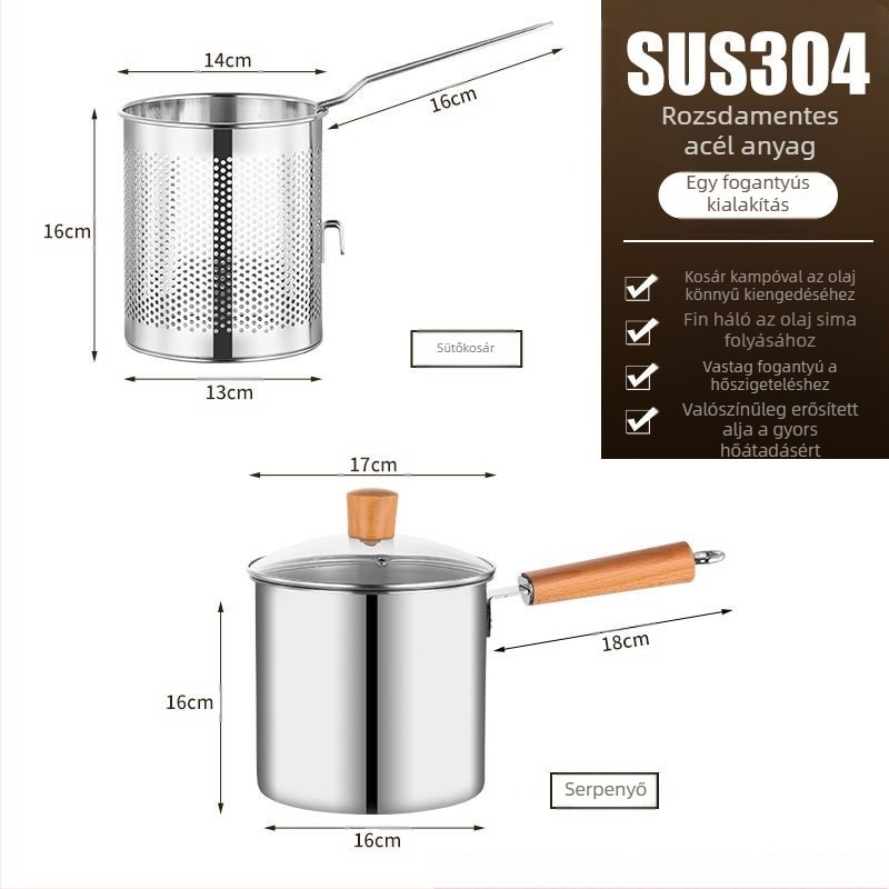 Rozsdamentes acélból készült fritőz szűrővel és fa markolattal, mély fazék üvegfedéllel, 2,8–3 L kapacitás, többfunkciós a tészta és a tej felfőzéséhez, nyárson való sütéshez