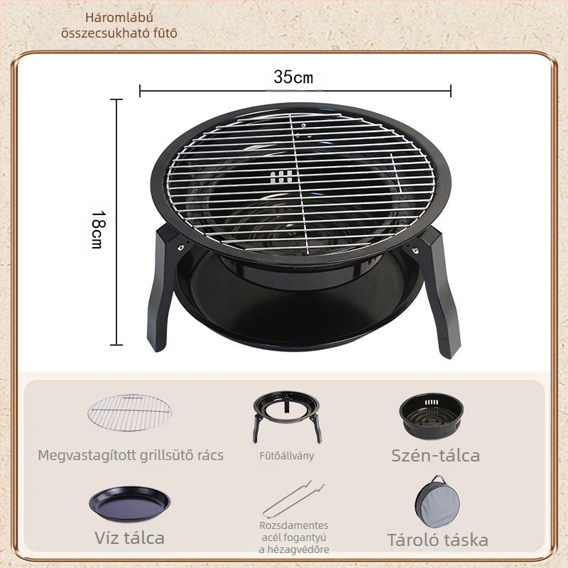 Hordozható ívelt alakú faszenes grill, összecsukható kemping grill rozsdamentes acél drótkerettel, 2,5 kg
