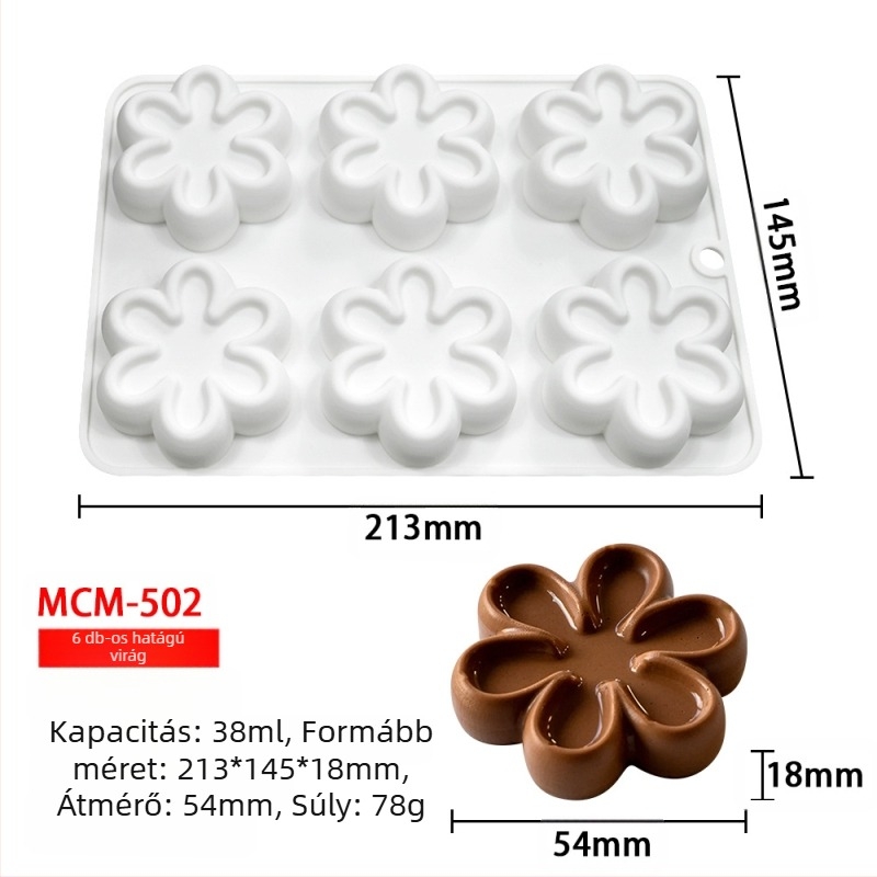 Szilikon 6 rekeszes mousse- és csokoládé forma, különböző alakzatokkal (csillagok, Rubik-kocka, szív); alkalmas fondant és csokoládék készítéséhez, kézzel készített szappanokhoz és aromaterápiás gyertyákhoz.