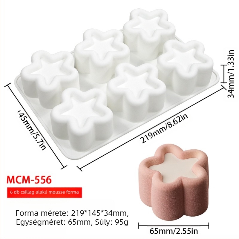 Szilikon 6 rekeszes mousse- és csokoládé forma, különböző alakzatokkal (csillagok, Rubik-kocka, szív); alkalmas fondant és csokoládék készítéséhez, kézzel készített szappanokhoz és aromaterápiás gyertyákhoz.