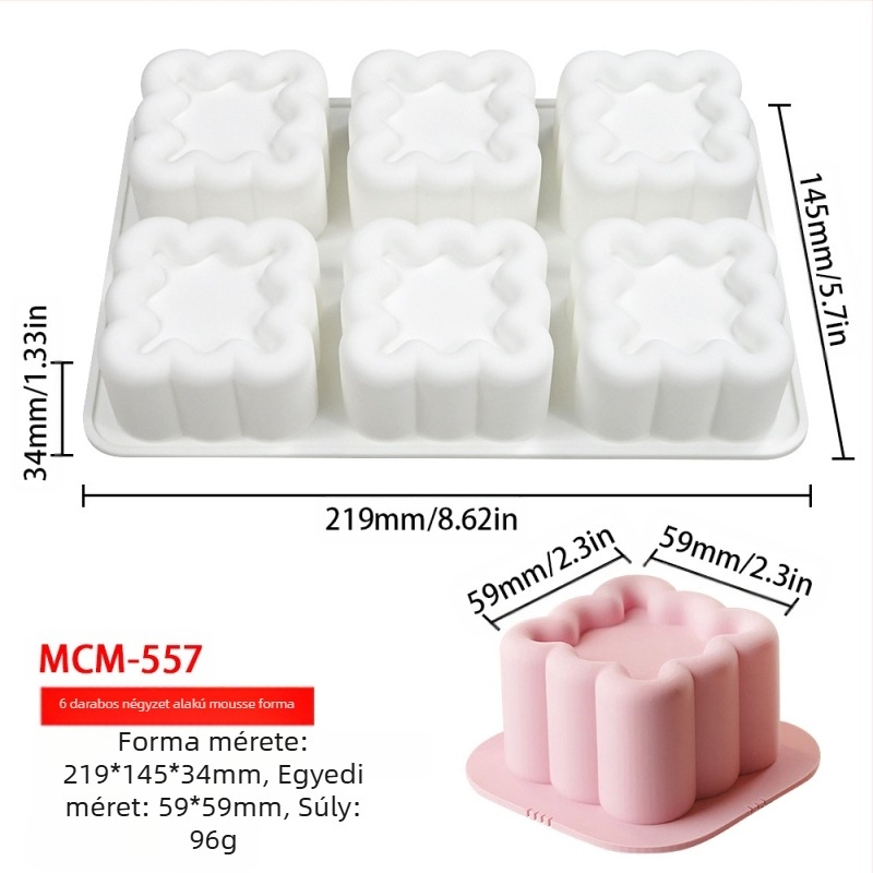 Szilikon 6 rekeszes mousse- és csokoládé forma, különböző alakzatokkal (csillagok, Rubik-kocka, szív); alkalmas fondant és csokoládék készítéséhez, kézzel készített szappanokhoz és aromaterápiás gyertyákhoz.