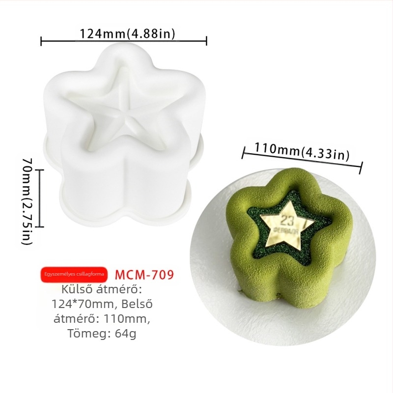 Szilikon 6 rekeszes mousse- és csokoládé forma, különböző alakzatokkal (csillagok, Rubik-kocka, szív); alkalmas fondant és csokoládék készítéséhez, kézzel készített szappanokhoz és aromaterápiás gyertyákhoz.