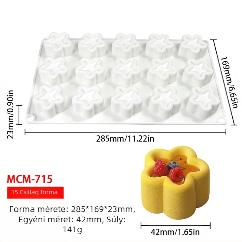 Szilikon 6 rekeszes mousse- és csokoládé forma, különböző alakzatokkal (csillagok, Rubik-kocka, szív); alkalmas fondant és csokoládék készítéséhez, kézzel készített szappanokhoz és aromaterápiás gyertyákhoz.