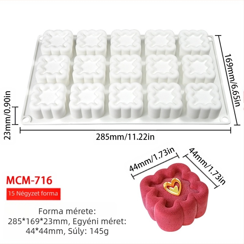 Szilikon 6 rekeszes mousse- és csokoládé forma, különböző alakzatokkal (csillagok, Rubik-kocka, szív); alkalmas fondant és csokoládék készítéséhez, kézzel készített szappanokhoz és aromaterápiás gyertyákhoz.