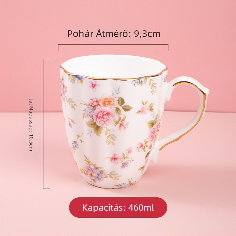 Csontporcelánból készült bögre, több mint 36% csontporcelán, szabálytalan forma, virágos minta, magas hőállóság, logó nyomtatás lehetséges