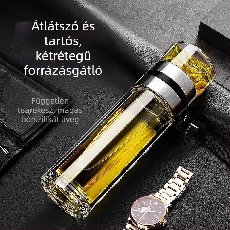 Sűrített üveg teáscsésze tea–víz elválasztással, vákuum-szigetelt hordozható pohár fogantyúval, átlátszó irodai bögr