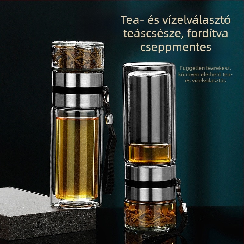 Sűrített üveg teáscsésze tea–víz elválasztással, vákuum-szigetelt hordozható pohár fogantyúval, átlátszó irodai bögr