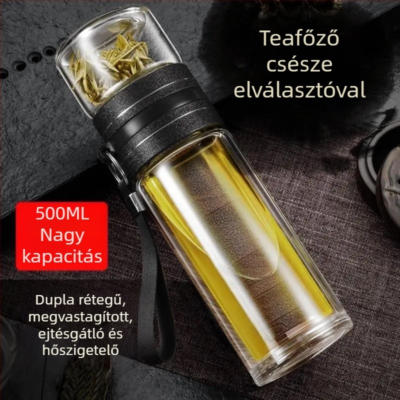 Sűrített üveg teáscsésze tea–víz elválasztással, vákuum-szigetelt hordozható pohár fogantyúval, átlátszó irodai bögr
