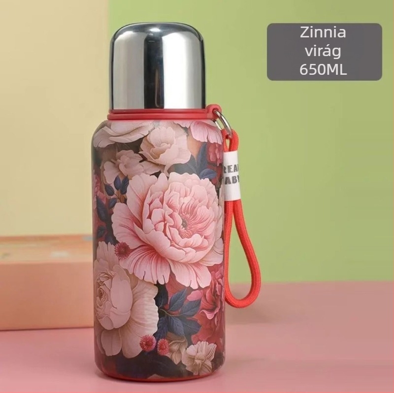 Rózsa és bazsarózsa kínai stílusú retro termosz kupa, pánttal, belső 316 rozsdamentes acél, külső 201 rozsdamentes acél, szigetelés 0–6 óra, hordozható, logó nyomtatás lehetséges