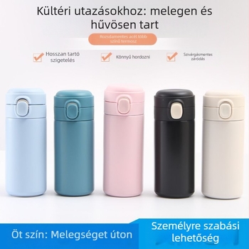 Rozsdamentes acél termosz pohár ugráló – belső 304, külső 201, vákuumos hőszigetelés 6–12 óra, testreszabható logó
