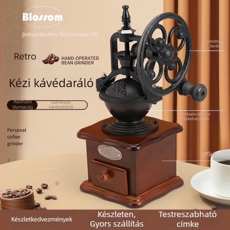 Bochen hordozható kézi kávédaráló OEM támogatással, nyomtatott logóval, testreszabható feldolgozással, könnyű luxus retro stílus