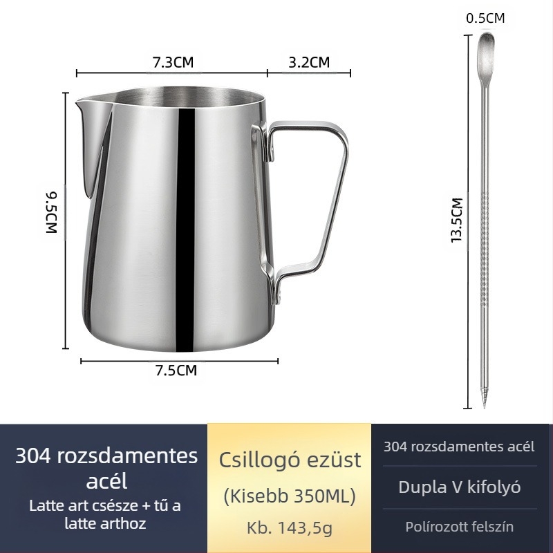Latte art habosító kancsó, rozsdamentes acélból, modern minimalista stílus, kézzel készített, bárok, kávézók és éttermek számára