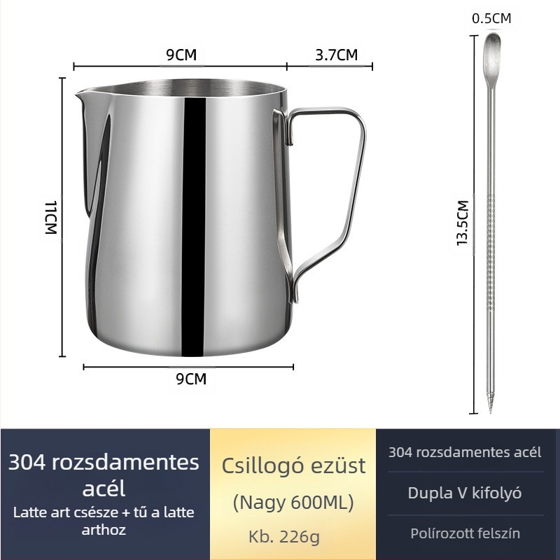 Latte art habosító kancsó, rozsdamentes acélból, modern minimalista stílus, kézzel készített, bárok, kávézók és éttermek számára