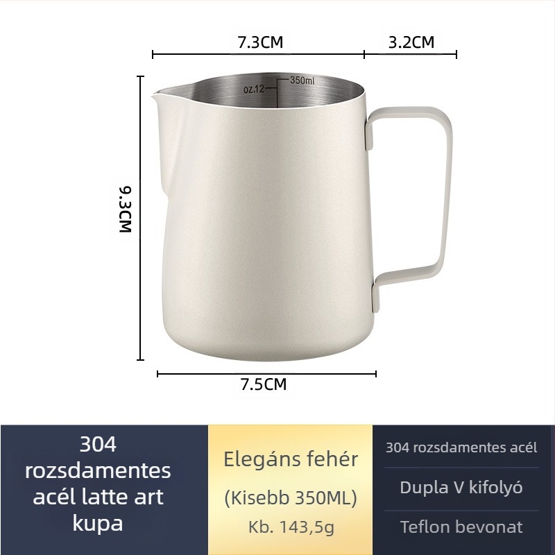 Latte art habosító kancsó, rozsdamentes acélból, modern minimalista stílus, kézzel készített, bárok, kávézók és éttermek számára