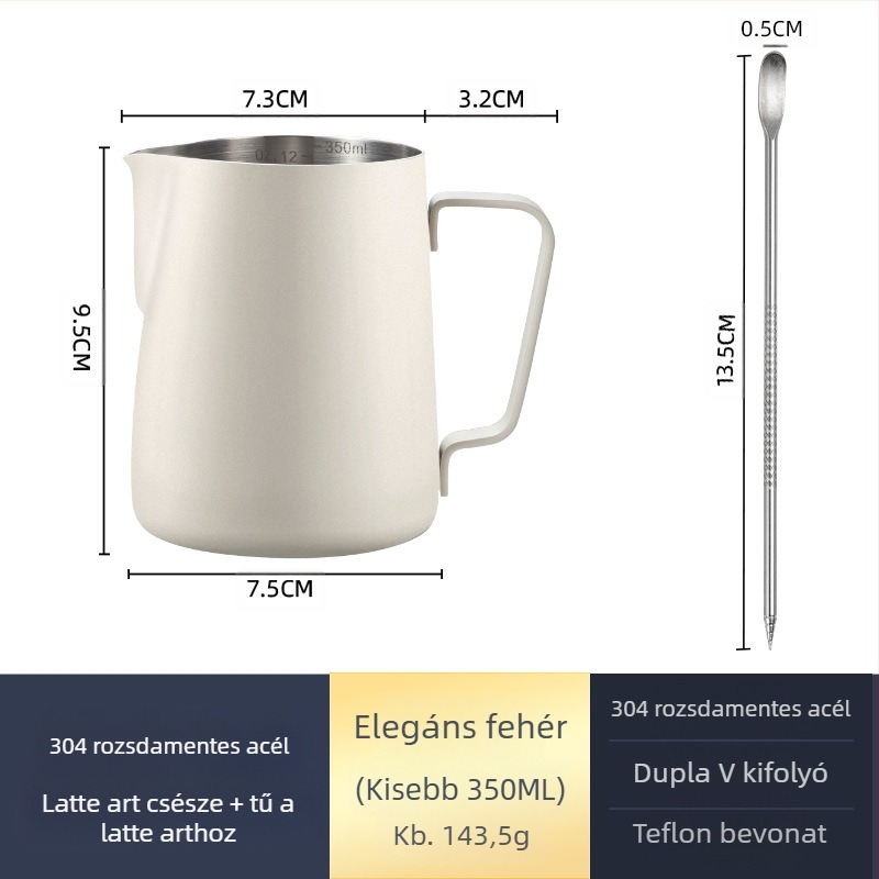Latte art habosító kancsó, rozsdamentes acélból, modern minimalista stílus, kézzel készített, bárok, kávézók és éttermek számára