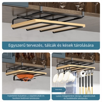 Rozsdamentes acélből készült konyhai tárolóállvány fedők, kések és vágódeszkák számára — szerelés nélküli, két szint, japán stílus
