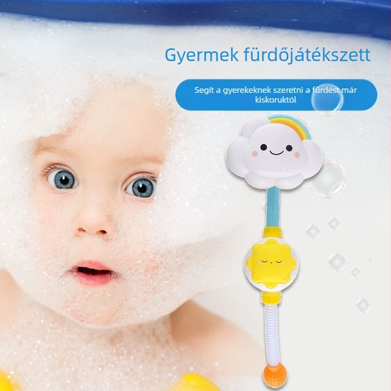Gyerekek fürdőjáték: esőfelhő-szivárvány permetezés és napraforgó dizájn; műanyagból; kézi permetezés; 4–6 éveseknek