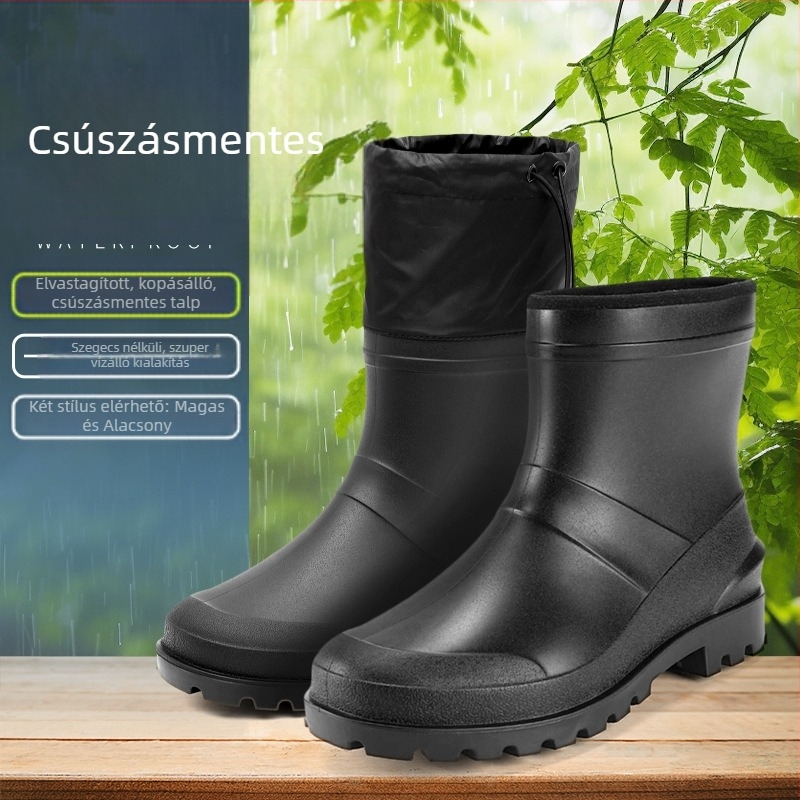 Férfi esőcsizma, PVC felsőrész, műanyag talp, EVA talpbetét, textil bélés, csúszásmentes