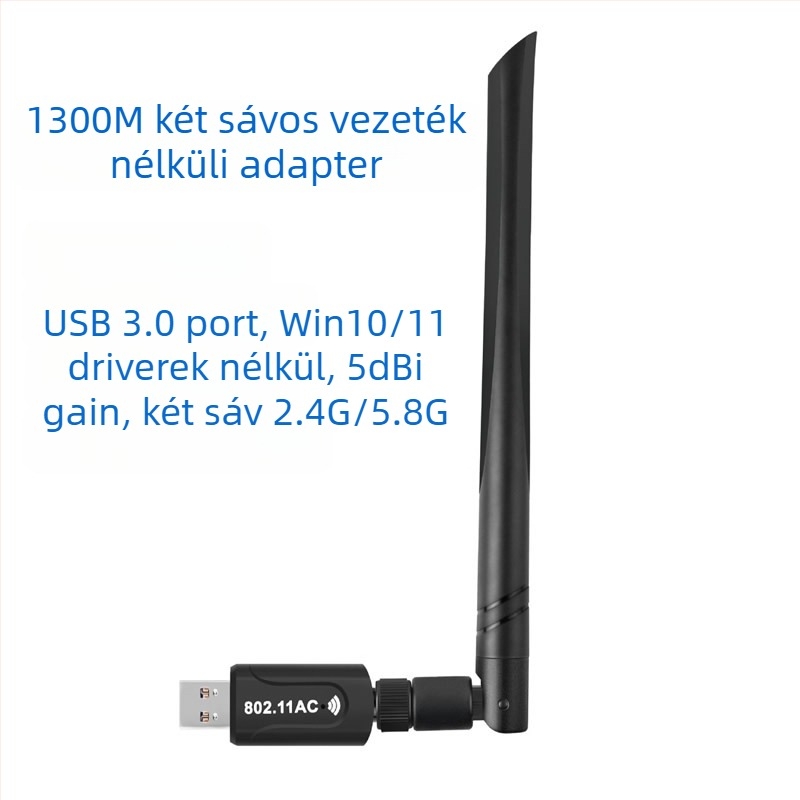 USB Wi-Fi adapter 1300 Mbps, kettős sávú 2,4 GHz/5,8 GHz, 802.11b/g/n, meghajtó nélkül